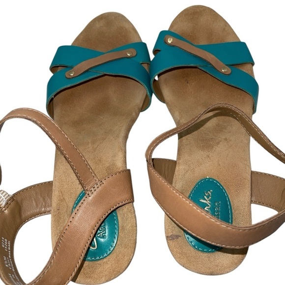 Clarks Artisan Women's Shoes Size 8.5M Turquoise/Brown Leather Wedge Platform - Picture 5 of 13